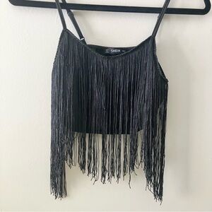 SHEIN Black Fringe Crop‎ Top Small Spaghetti Straps Boho Y2K